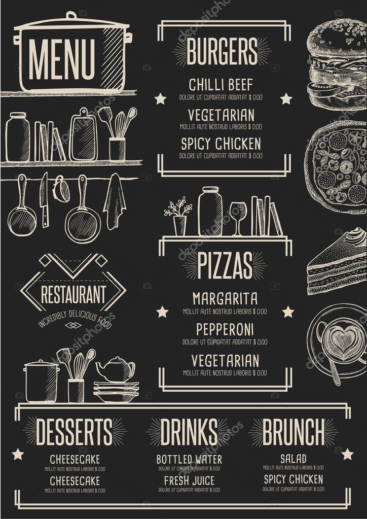Restaurant menu placemat food brochure, cafe template design. Vintage creative dinner flyer with hand-drawn graphic.