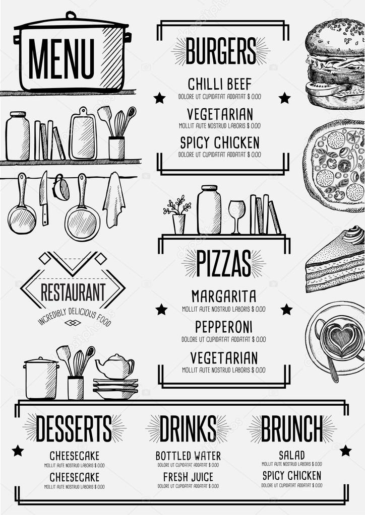 Restaurant menu placemat food brochure, cafe template design. Vintage creative dinner flyer with hand-drawn graphic.