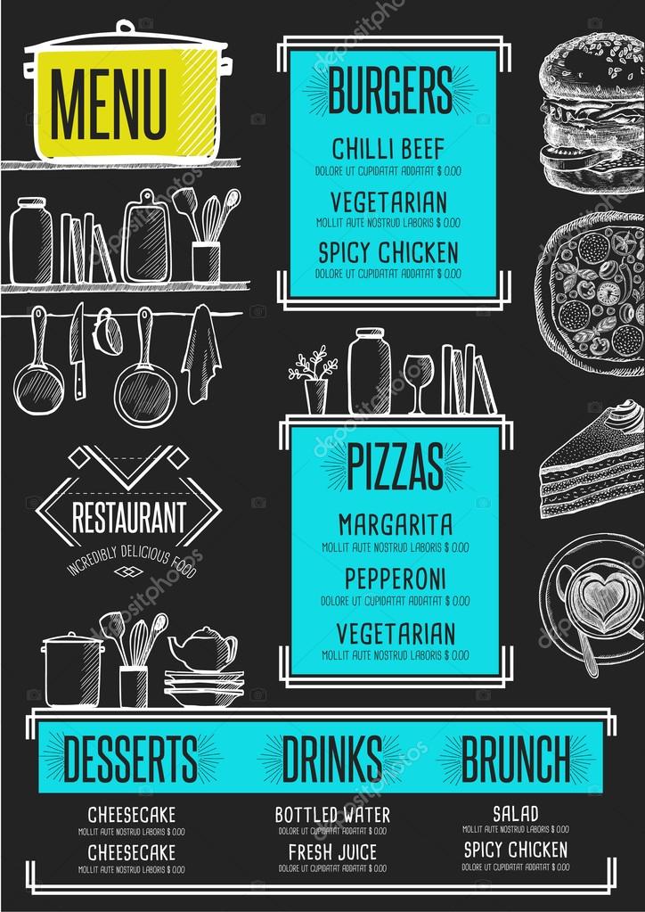 Restaurant menu placemat food brochure, cafe template design. Vintage creative dinner flyer with hand-drawn graphic.