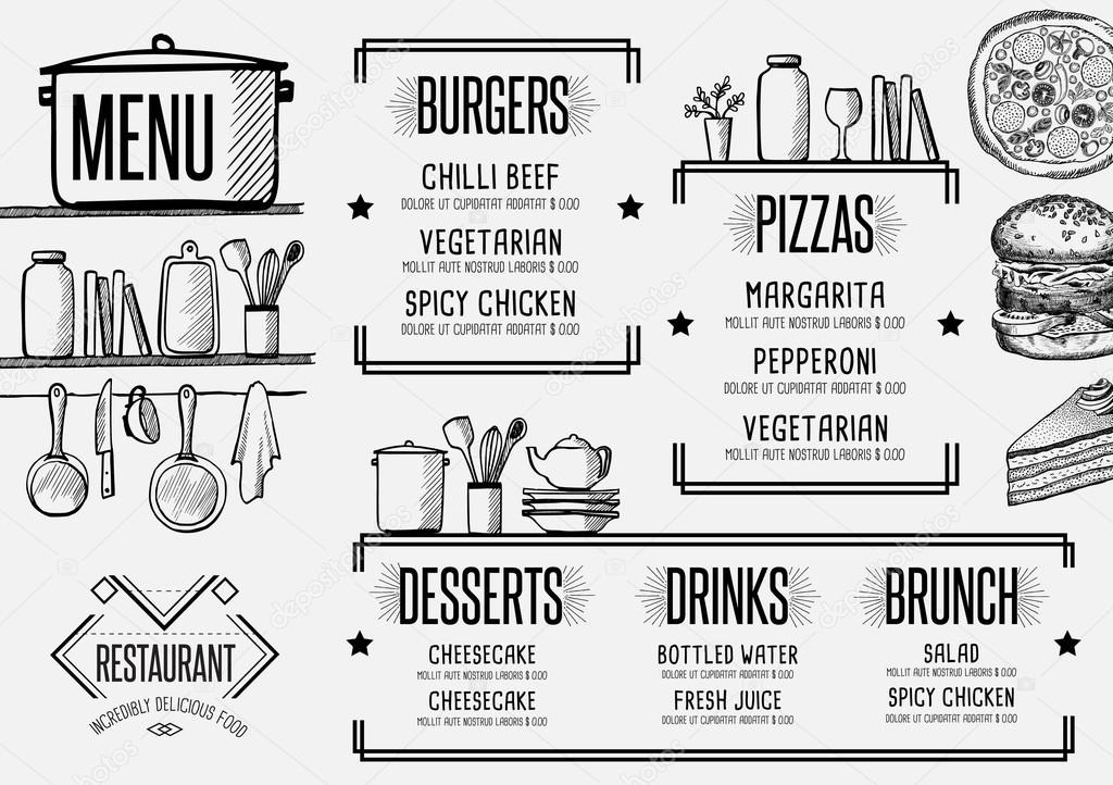 Restaurant menu placemat food brochure, cafe template design. Vintage creative dinner flyer with hand-drawn graphic.