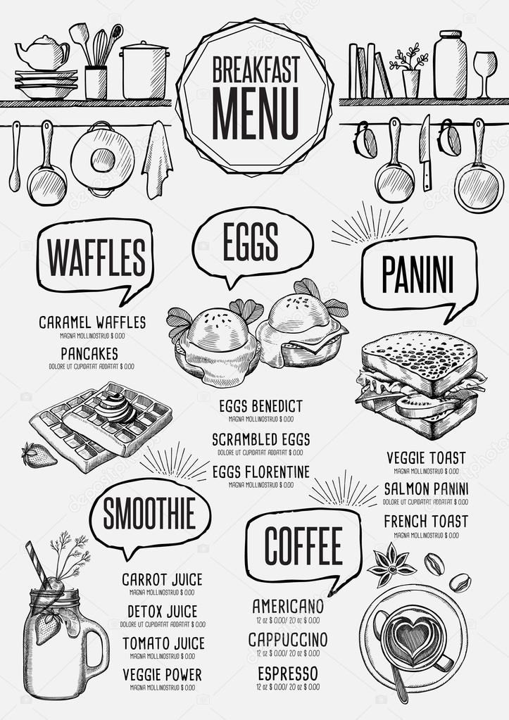 Breakfast menu placemat food restaurant brochure, template design. Vintage creative dinner flyer with hand-drawn graphic.