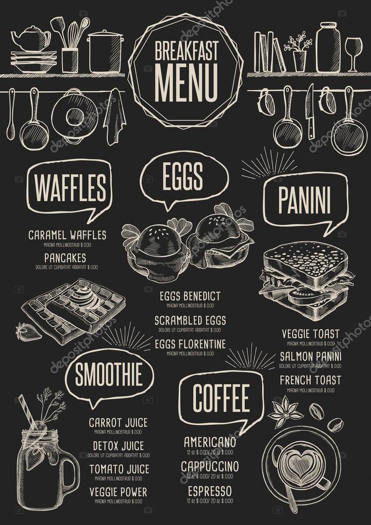 Breakfast menu placemat food restaurant brochure, template design. Vintage creative dinner flyer with hand-drawn graphic.