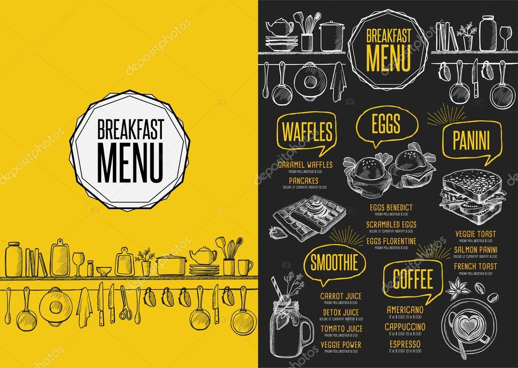 Breakfast menu placemat food restaurant brochure, template design. Vintage creative dinner flyer with hand-drawn graphic.
