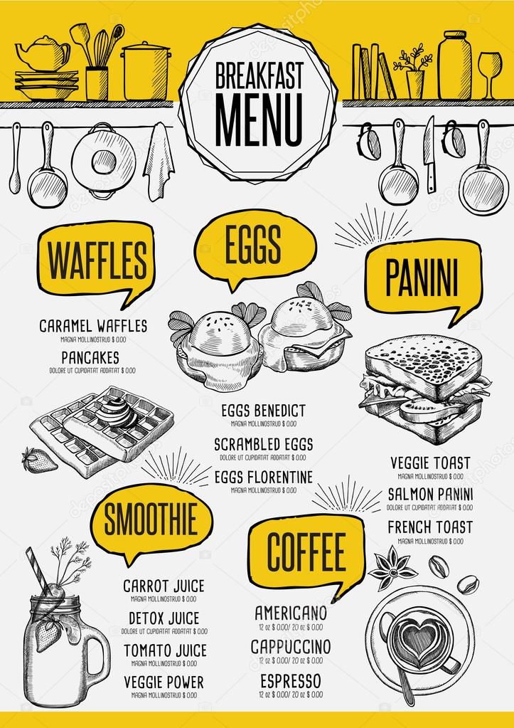 Breakfast menu placemat food restaurant brochure, template design. Vintage creative dinner flyer with hand-drawn graphic.