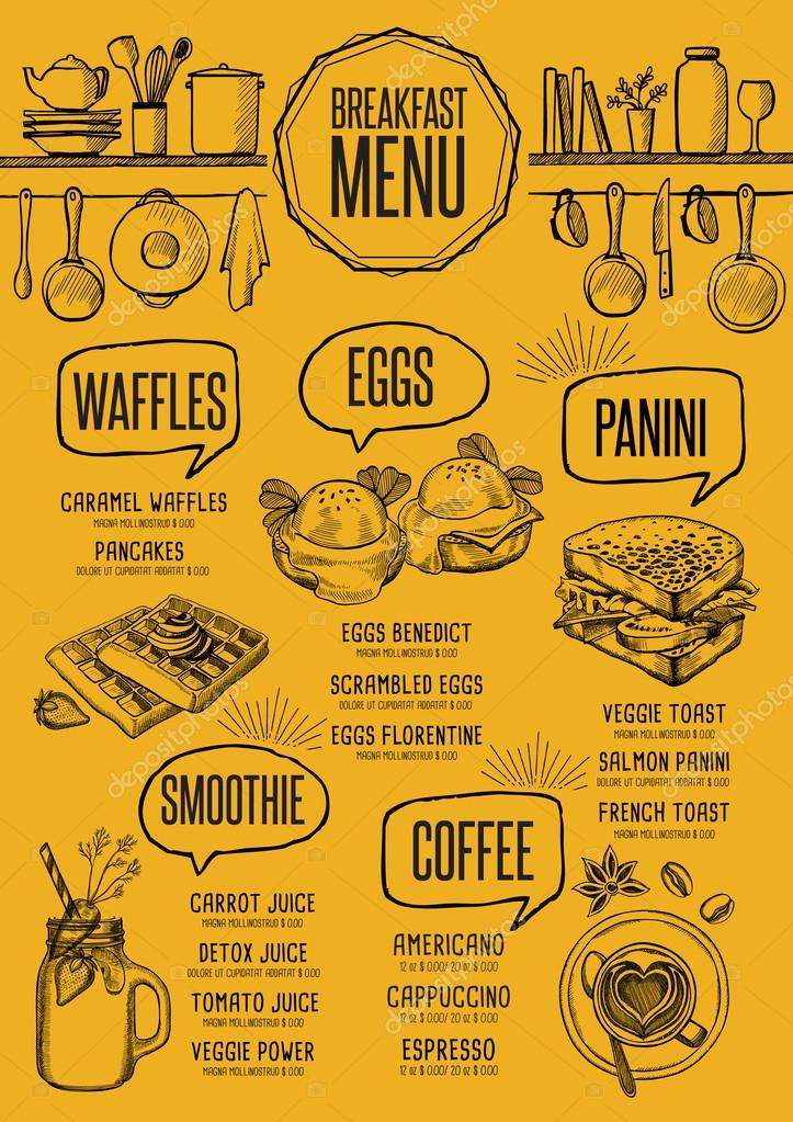 Breakfast menu placemat food restaurant brochure, template design. Vintage creative dinner flyer with hand-drawn graphic.