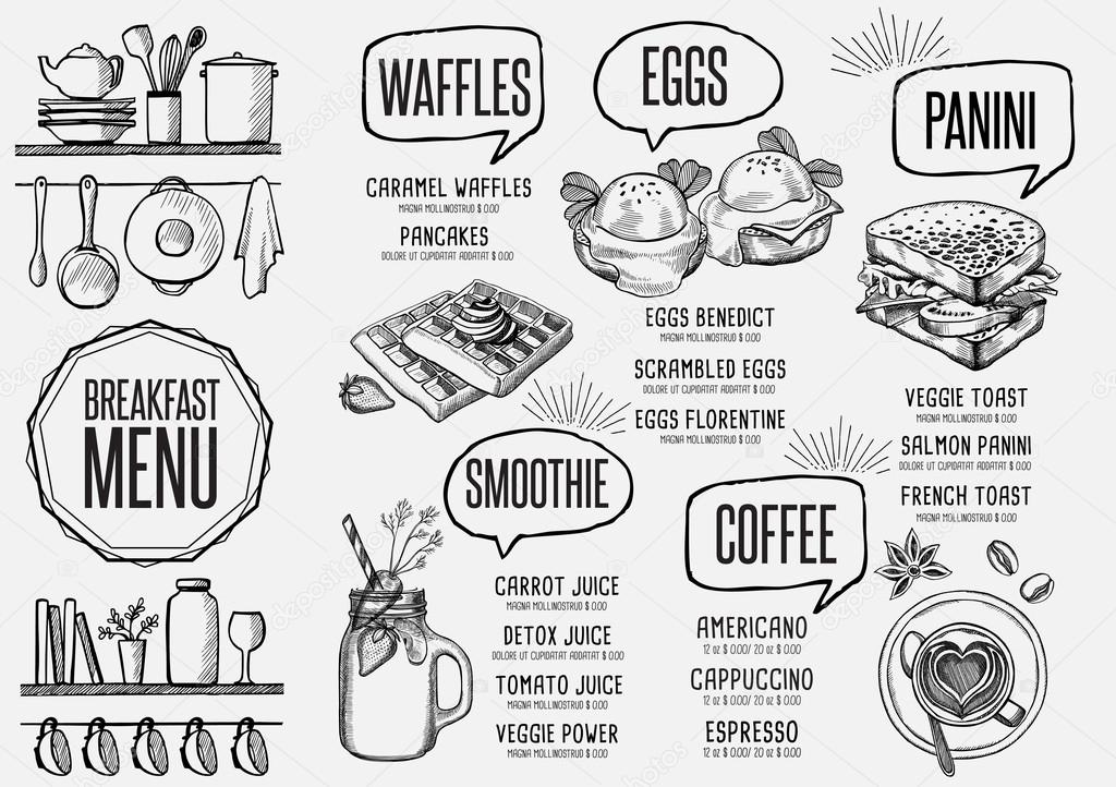 Breakfast menu placemat food restaurant brochure, template design. Vintage creative dinner flyer with hand-drawn graphic.