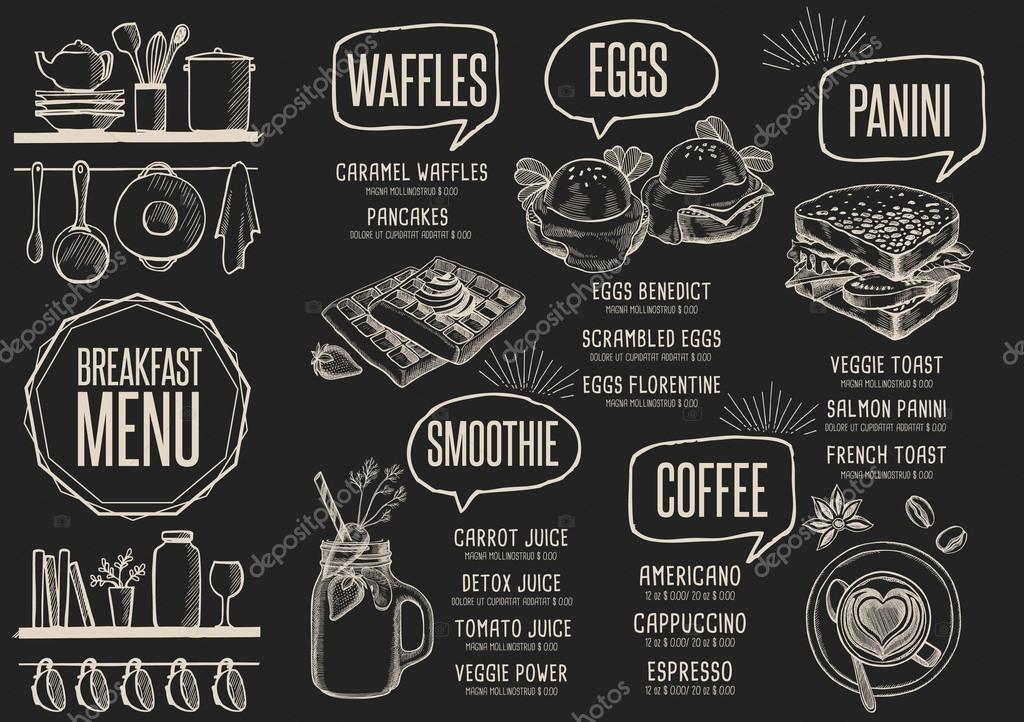 Breakfast menu placemat food restaurant brochure, template design. Vintage creative dinner flyer with hand-drawn graphic.
