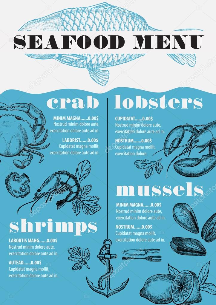 Seafood menu placemat food restaurant brochure, template design. Vintage creative dinner flyer with hand-drawn graphic.