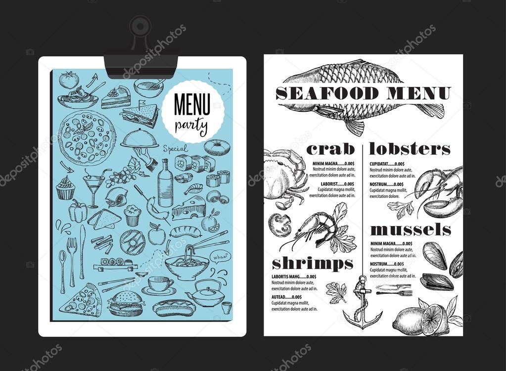 Seafood menu placemat food restaurant brochure, template design. Vintage creative dinner flyer with hand-drawn graphic.
