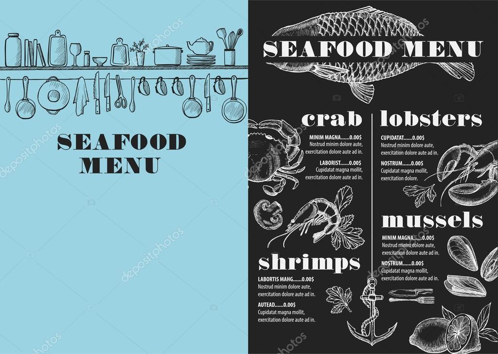 Seafood menu placemat food restaurant brochure, template design. Vintage creative dinner flyer with hand-drawn graphic.