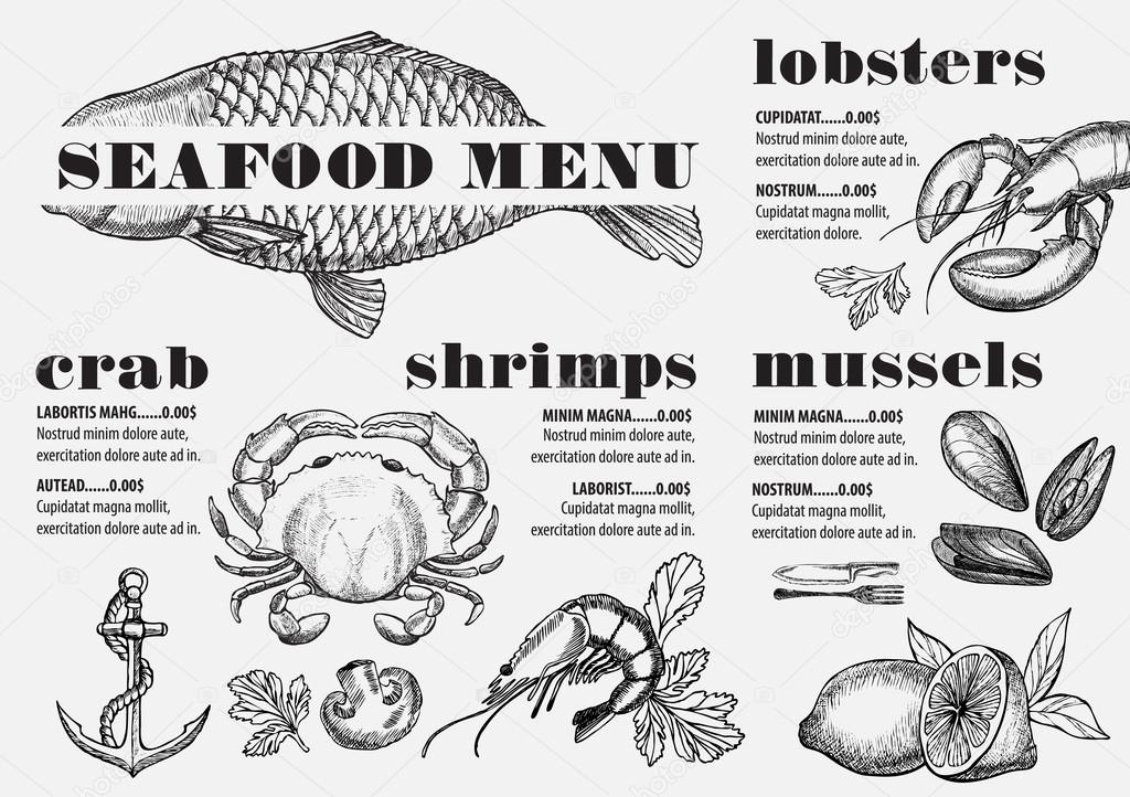 Seafood menu placemat food restaurant brochure, template design. Vintage creative dinner flyer with hand-drawn graphic.