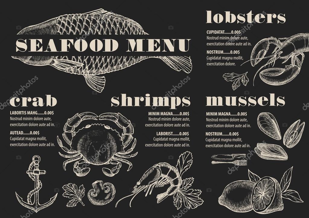 Seafood menu placemat food restaurant brochure, template design. Vintage creative dinner flyer with hand-drawn graphic.