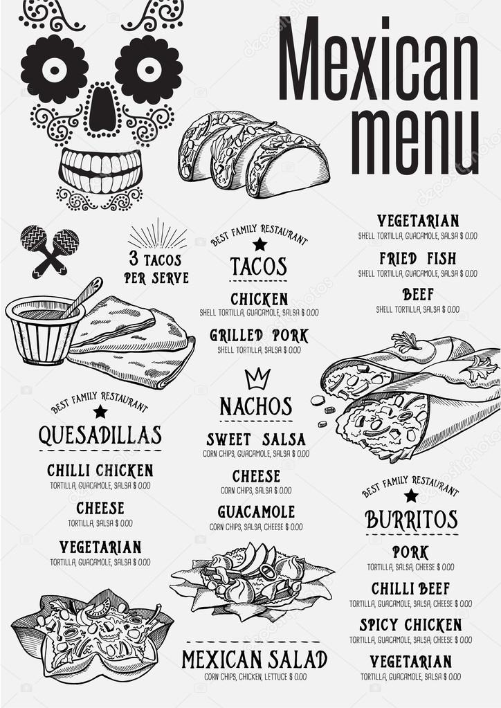 Mexican menu placemat food restaurant brochure, template design. Vintage creative dinner flyer with hand-drawn graphic.