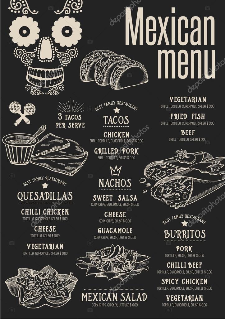 Mexican menu placemat food restaurant brochure, template design. Vintage creative dinner flyer with hand-drawn graphic.
