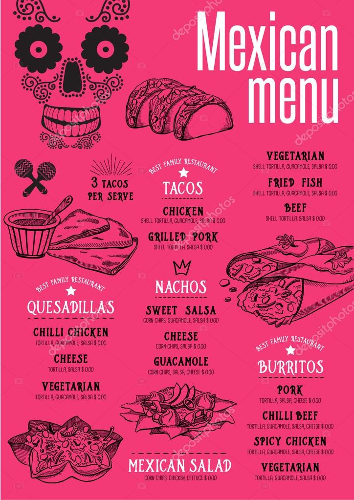 Mexican menu placemat food restaurant brochure, template design. Vintage creative dinner flyer with hand-drawn graphic.