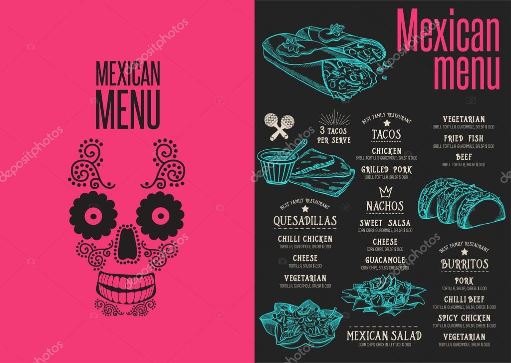 Mexican menu placemat food restaurant brochure, template design. Vintage creative dinner flyer with hand-drawn graphic.