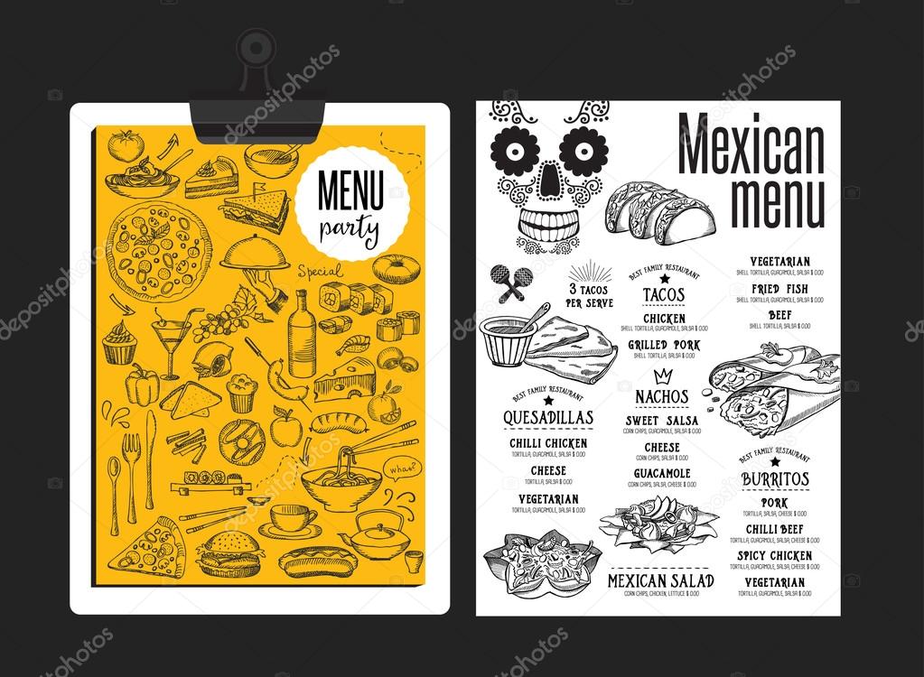 Mexican menu placemat food restaurant brochure, template design. Vintage creative dinner flyer with hand-drawn graphic.