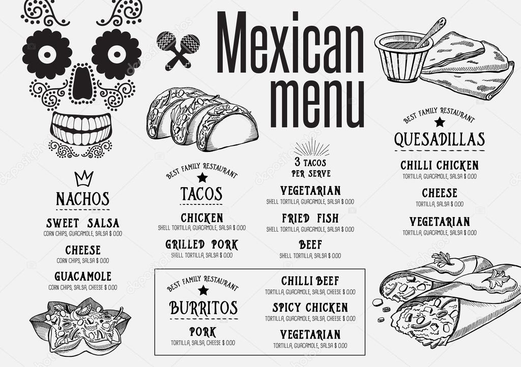 Mexican menu placemat food restaurant brochure, template design. Vintage creative dinner flyer with hand-drawn graphic.