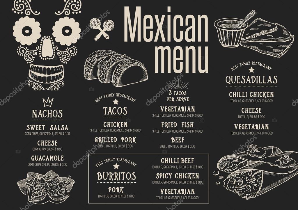 Mexican menu placemat food restaurant brochure, template design. Vintage creative dinner flyer with hand-drawn graphic.
