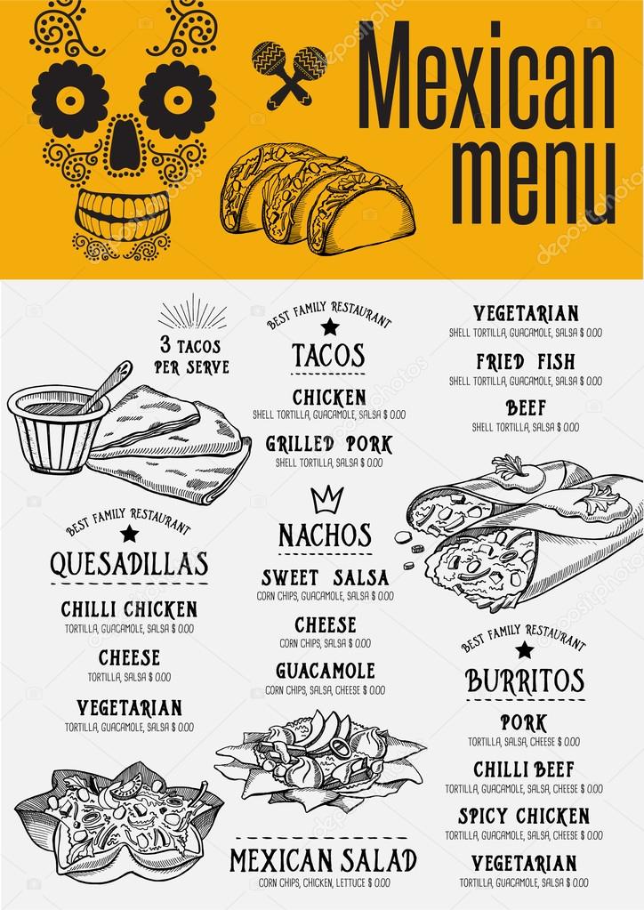 Mexican menu placemat food restaurant brochure, template design. Vintage creative dinner flyer with hand-drawn graphic.