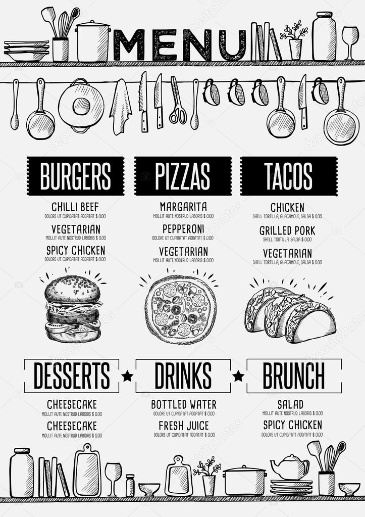 Cafe menu food placemat brochure, restaurant template design. Creative vintage brunch flyer with hand-drawn graphic.