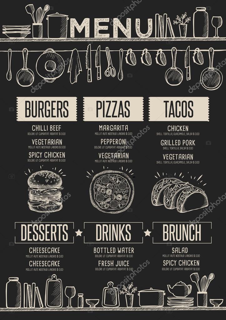Cafe menu food placemat brochure, restaurant template design. Creative vintage brunch flyer with hand-drawn graphic.