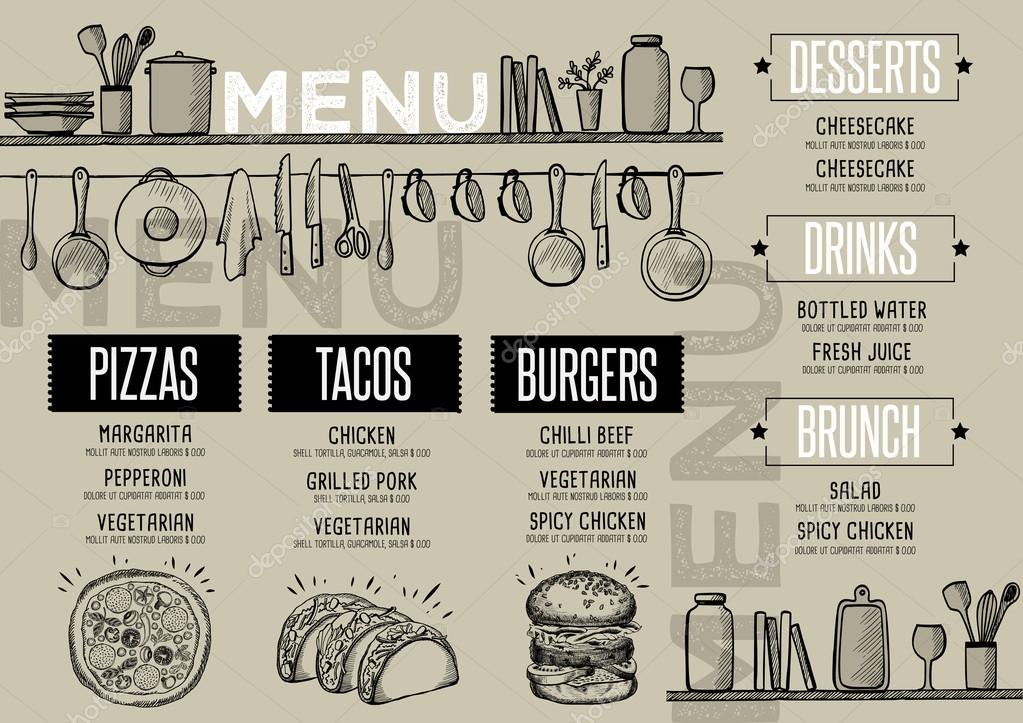 Cafe menu food placemat brochure, restaurant template design. Creative vintage brunch flyer with hand-drawn graphic.