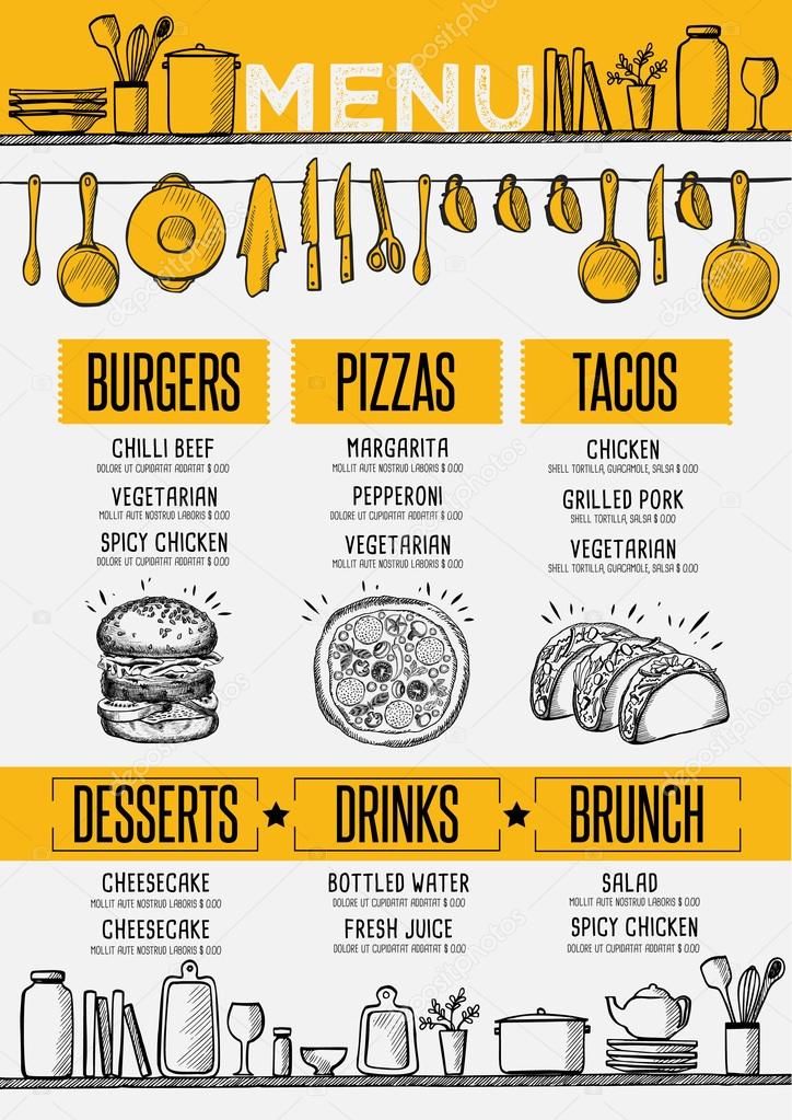 Cafe menu food placemat brochure, restaurant template design. Creative vintage brunch flyer with hand-drawn graphic.