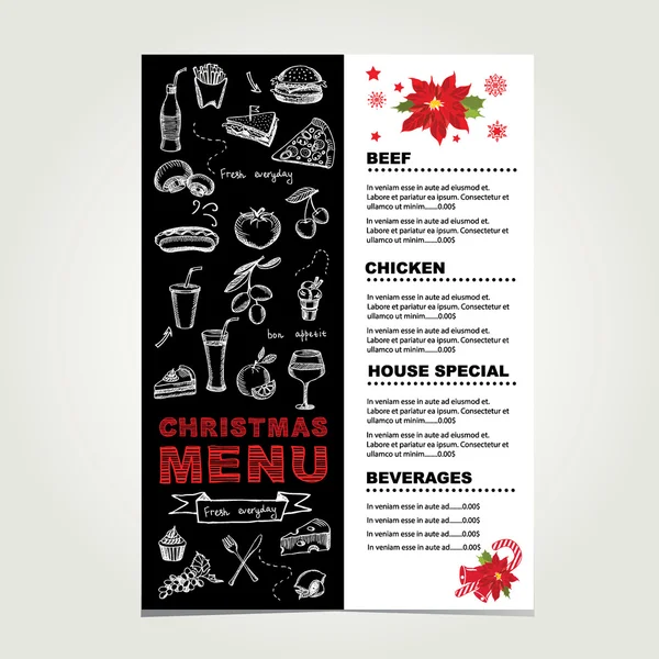 Μενού εστιατόριο και κόμμα Χριστούγεννα, πρόσκληση. — Διανυσματικό Αρχείο