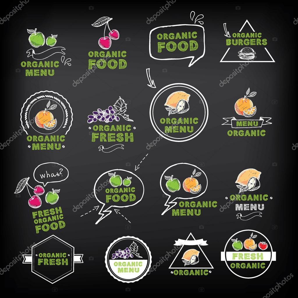 Organic food icons, vegan symbols. Vector illustration.
