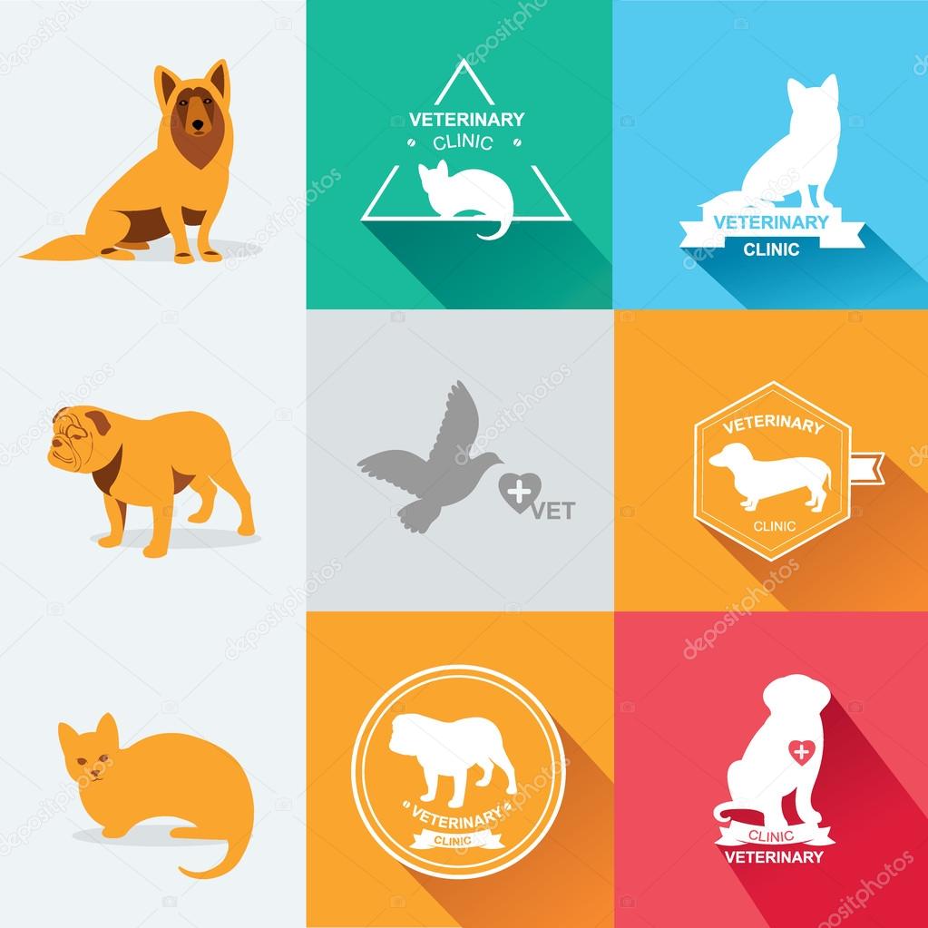 Set dog and cats icon and labels, flat.