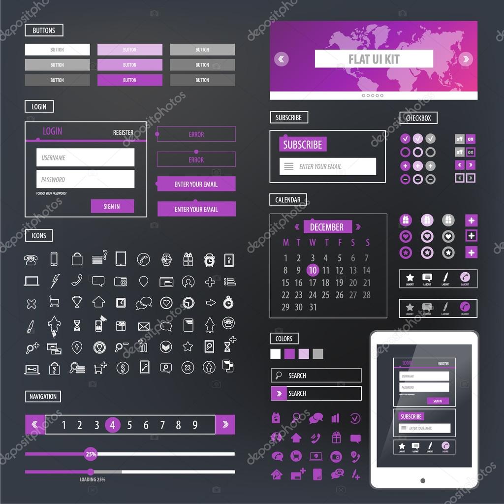 UI kit responsive web design. Icons, template mockup.
