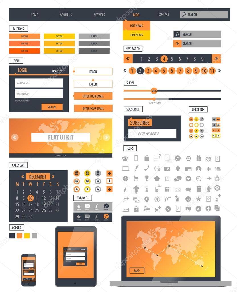 Ui kit responsive web design. Icons, template mockup.