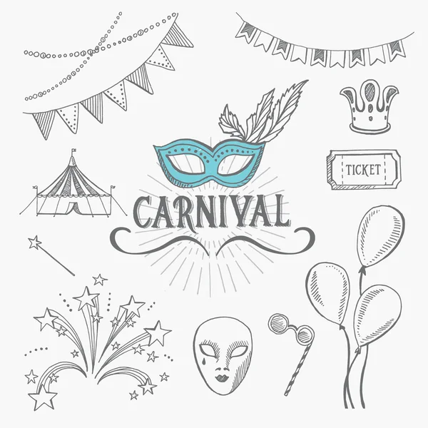 Ícones de carnaval, design de esboço . — Vetor de Stock