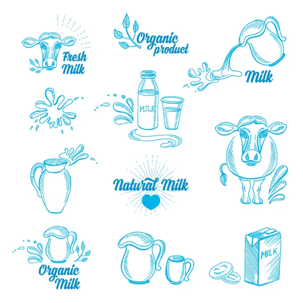 Natuurlijke melk met spatten, pictogrammen ontwerpen — Stockvector