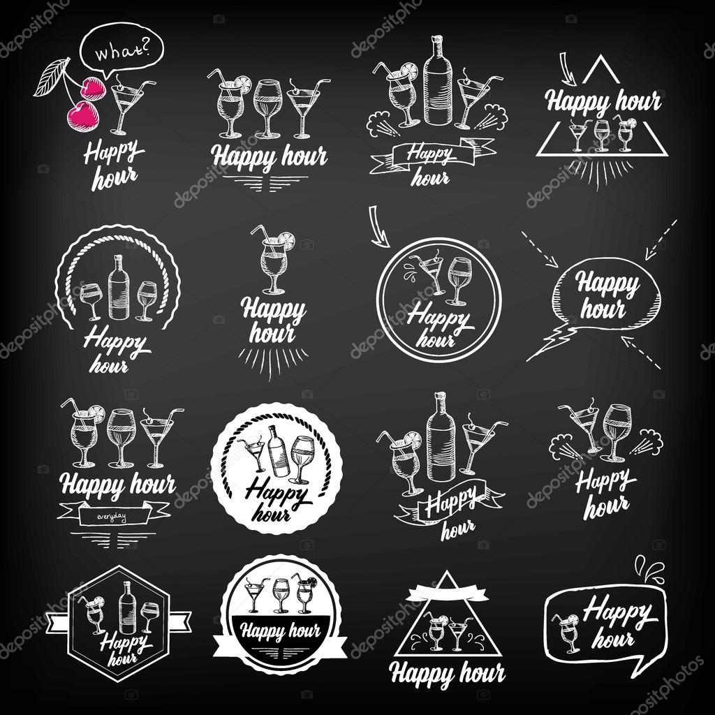 Happy hour party invitation. Cocktail chalkboard banner.