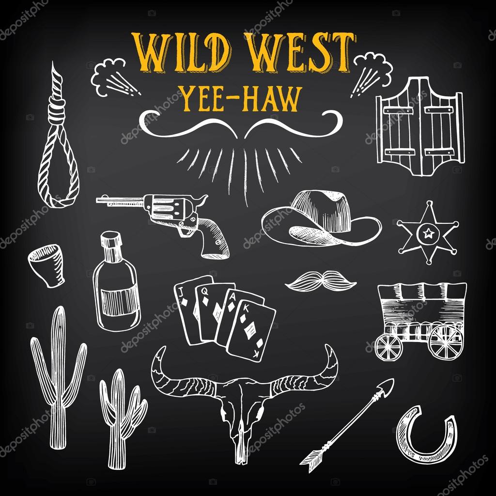 Wild west design sketch. Icons drawing vintage elements.