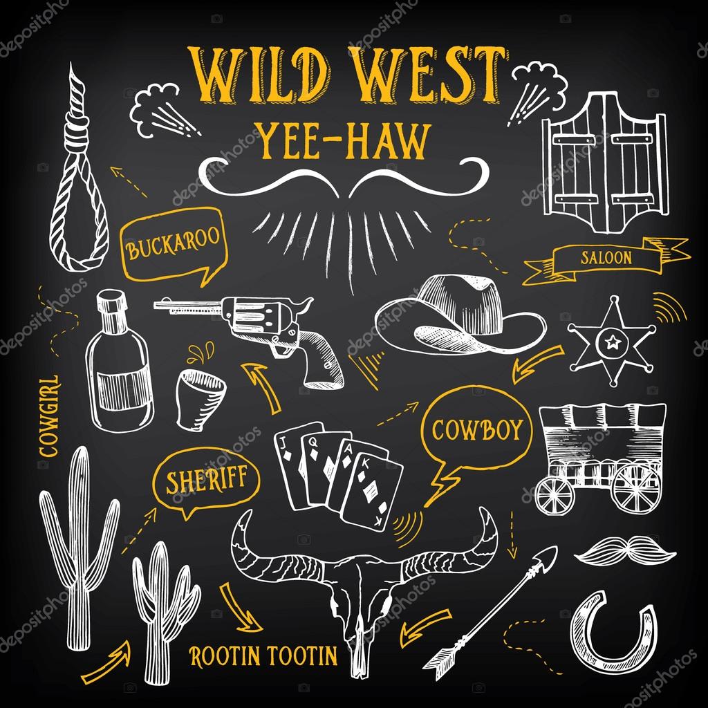 Wild west design sketch. Icons drawing vintage elements. Vector illustration