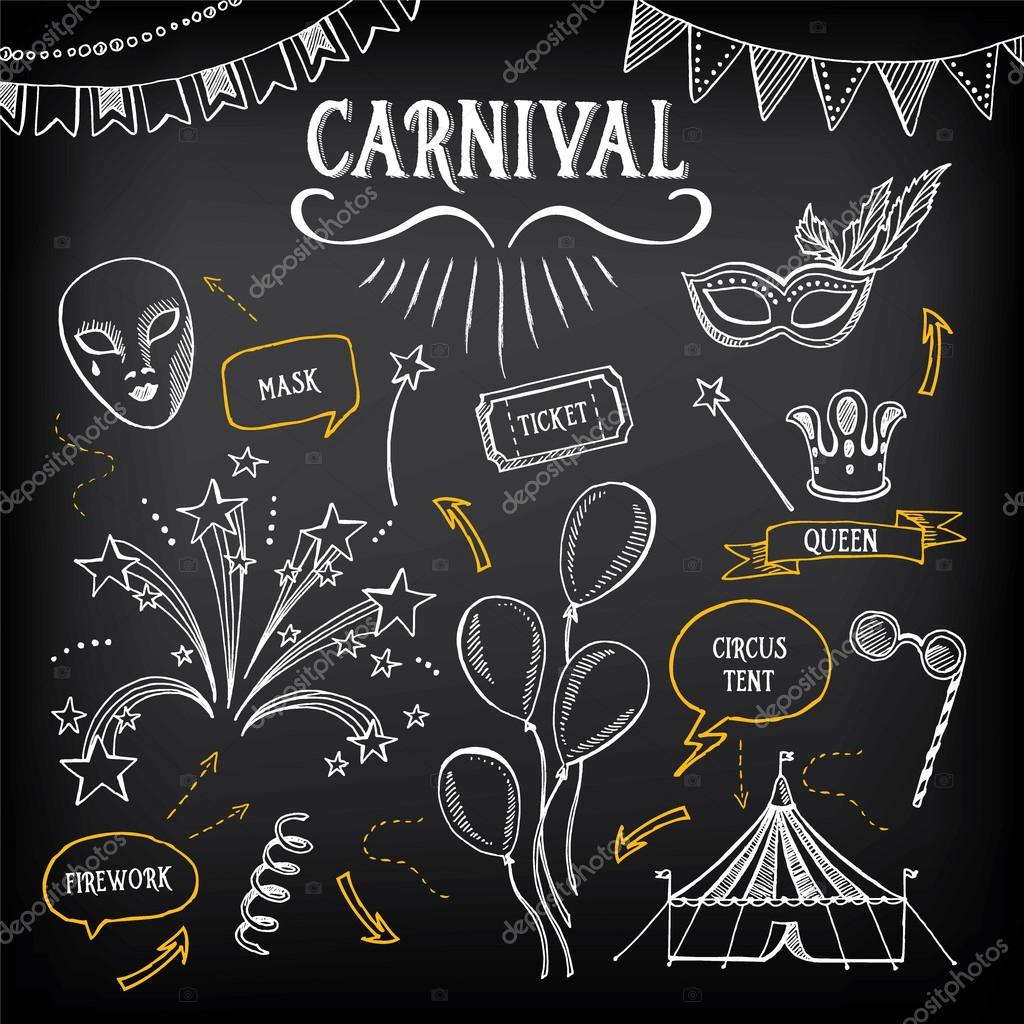 Carnival icons, sketch design. Vector illustration
