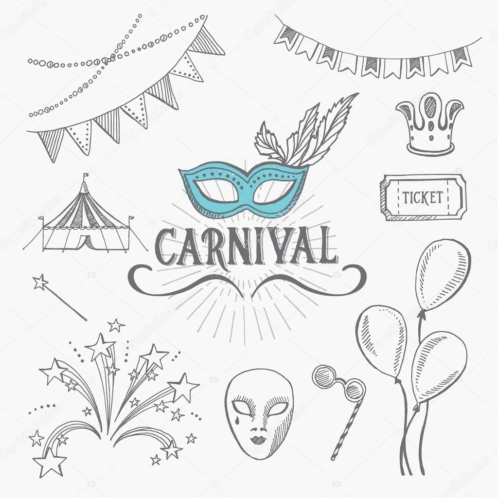 Carnival icons, sketch design. Vector illustration