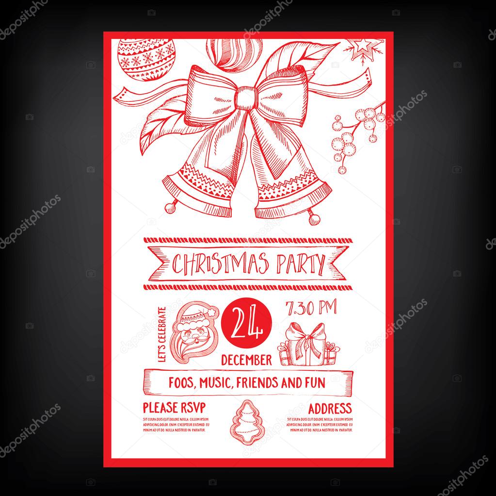 Christmas party invitation. Holiday card. Vector template with graphic.