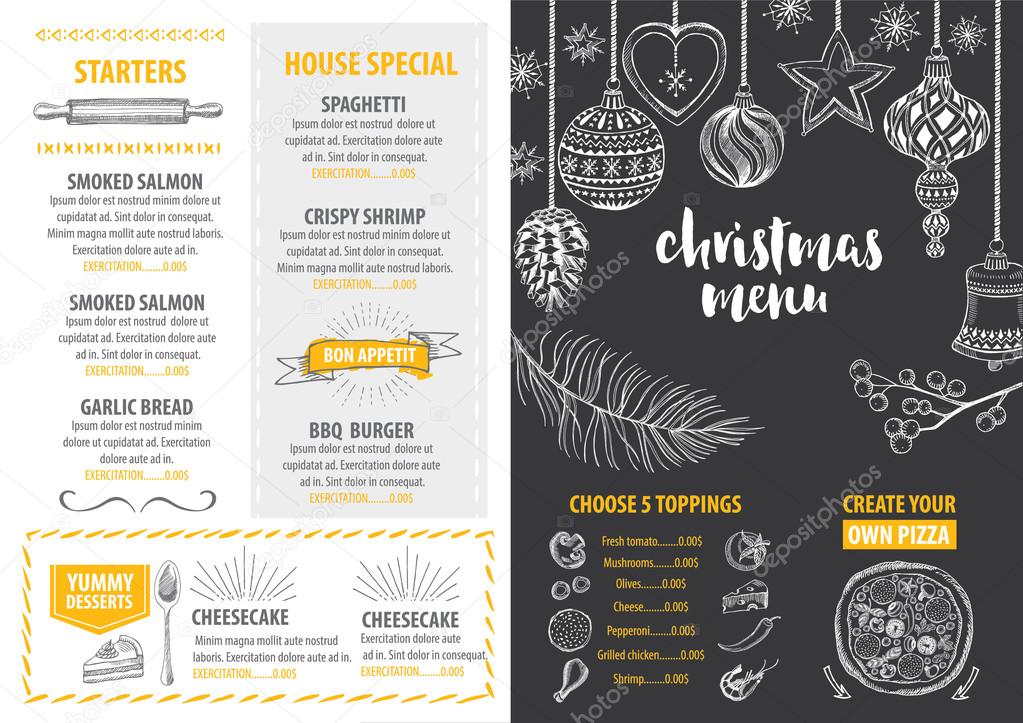 Christmas party invitation restaurant, menu design. Vector template with graphic.
