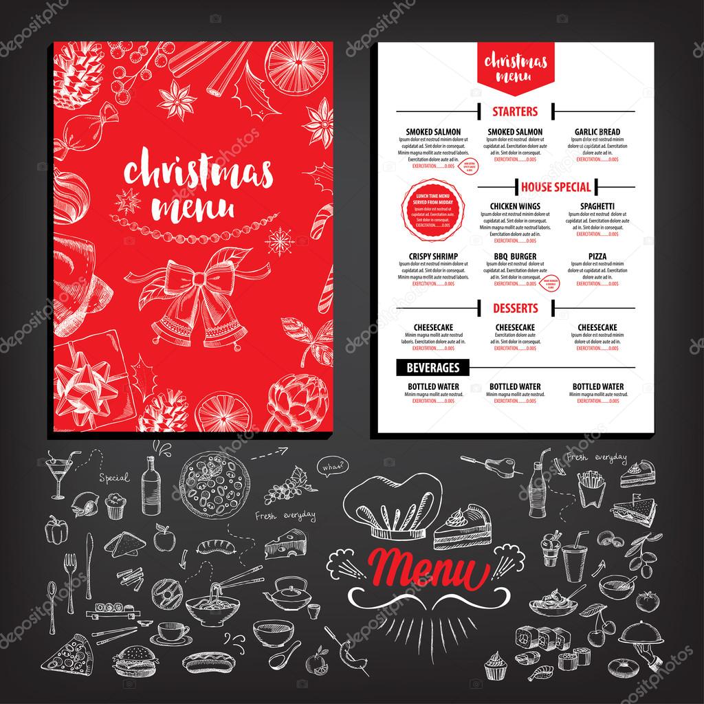 Christmas party invitation restaurant, menu design. Vector template with graphic.