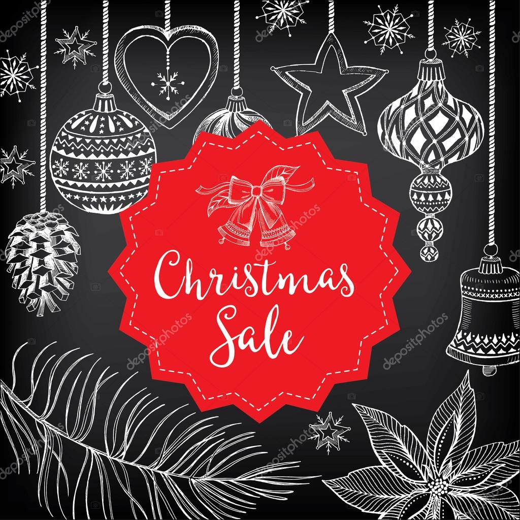Vector christmas sale poster with toys. Holiday background and design banner. Vector banner with handdrawn xmas graphic.