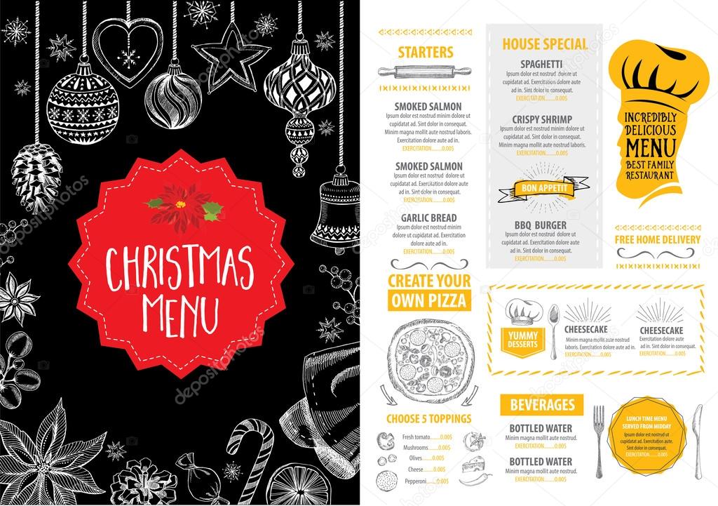 Vector christmas restaurant brochure, menu design. Vector holiday template with xmas hand-drawn graphic. Happy New Year invitation flyer.