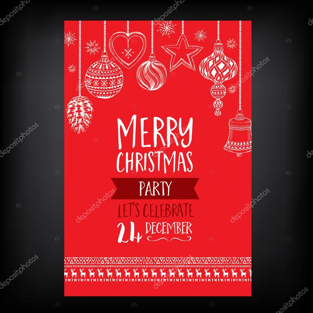 Vector christmas party invitation with toys. Holiday background and design banner. Vector template with hand-drawn xmas graphic.