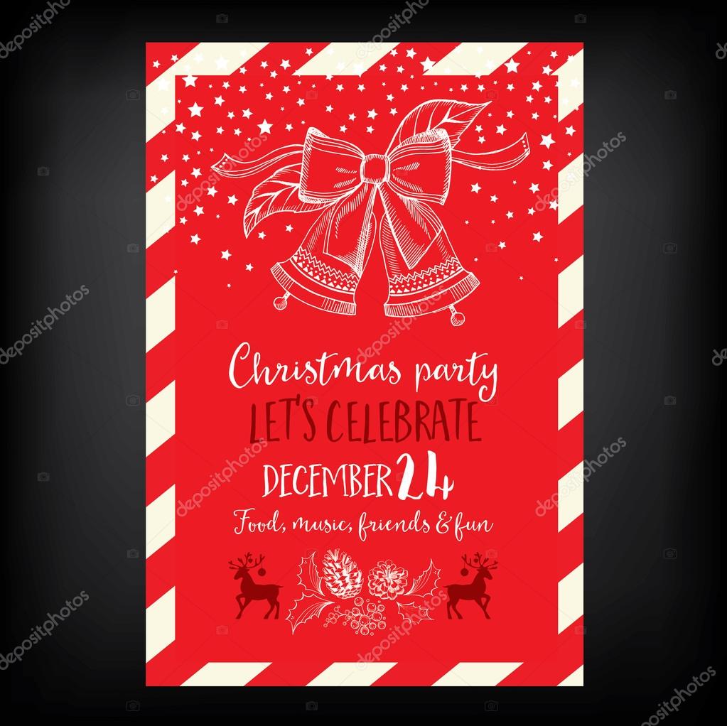 Vector christmas party invitation with toys. Holiday background and design banner. Vector template with hand-drawn xmas graphic.