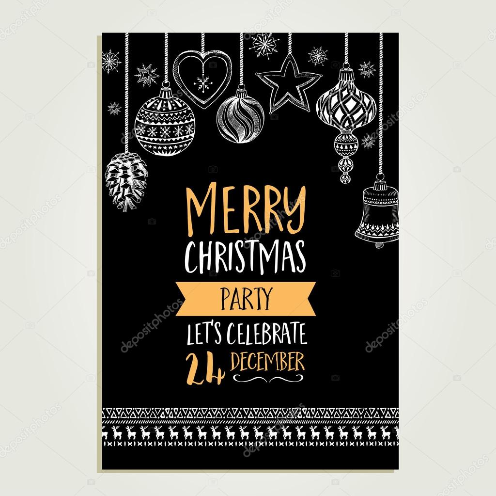 Vector christmas party invitation with toys. Holiday background and design banner. Vector template with hand-drawn xmas graphic.