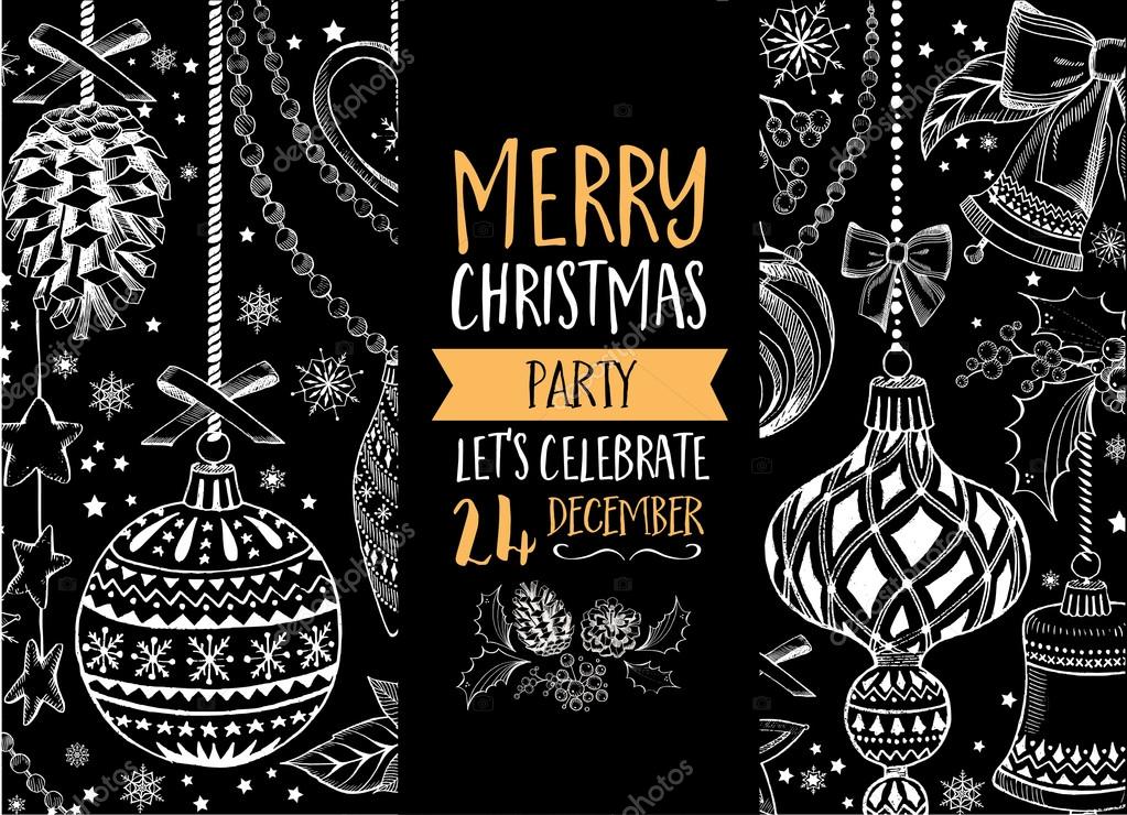 Vector christmas party invitation with toys. Holiday background and design banner. Vector template with hand-drawn xmas graphic.