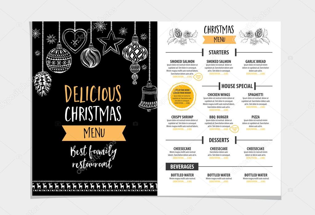 Vector christmas restaurant brochure, menu design. Vector holiday template with xmas hand-drawn graphic. Happy New Year invitation flyer.